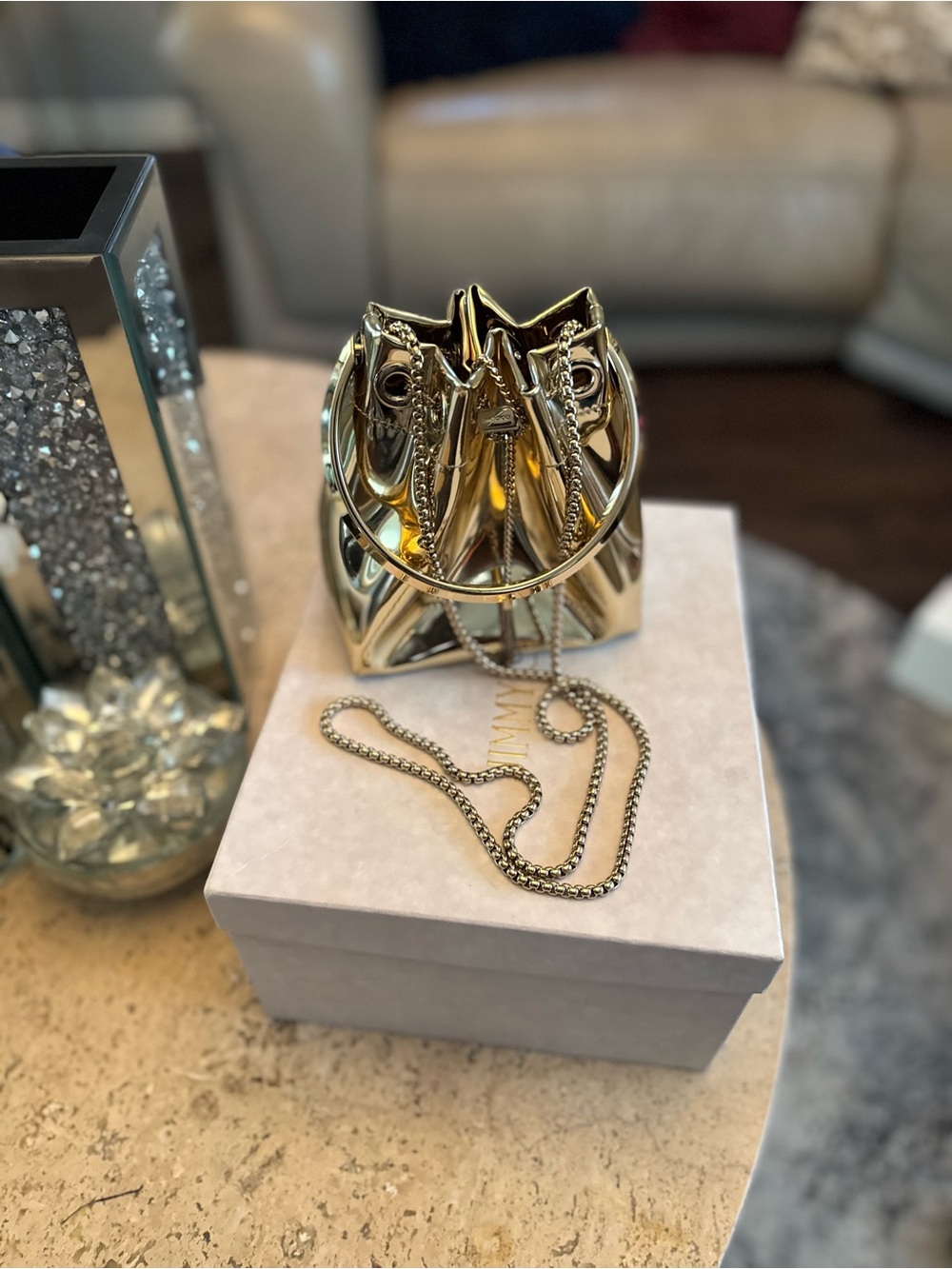 Jimmy Choo Gold Metallic Mini Drawstring Bucket Bag - Picture 7 of 13